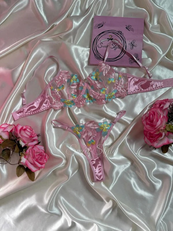 Shezaib Sexy Pink Floral Embroidered Lingerie Set – Sheer Mesh Non-Padded Wired Bra & Panty