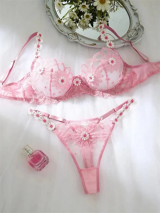 Shezaib Sexy Elegant White Lace Lingerie Set – Soft Mesh Floral Embroidered Bra & Panty