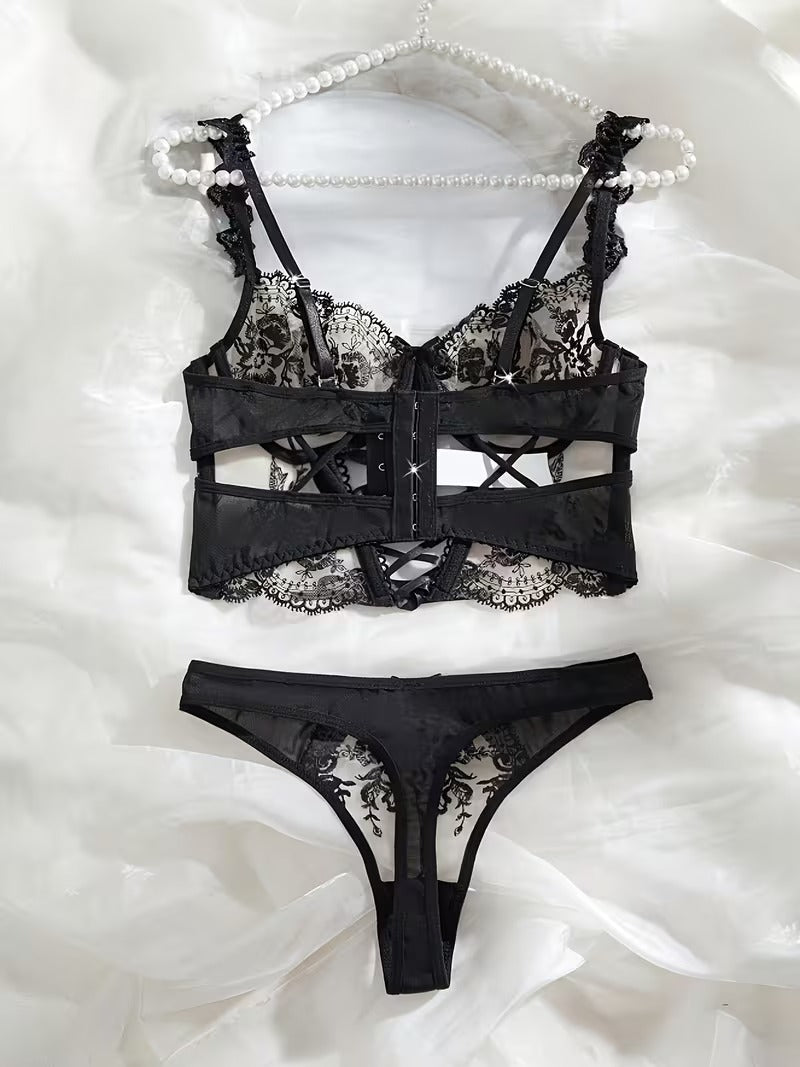 Lingerie Set - Sexy  Flirty Hot  Floral Embroidered Design Perfect for Adults -B024