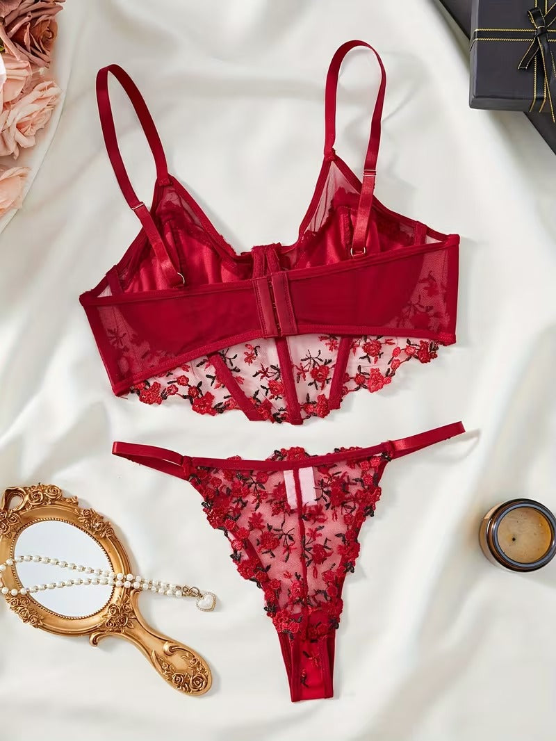 Shezaib Beautiful Floral Embroidery Deep Red Lingerie Set, Vertical Bust Bra And Mesh G-String, Sexy Back Bra And Panty Set B023