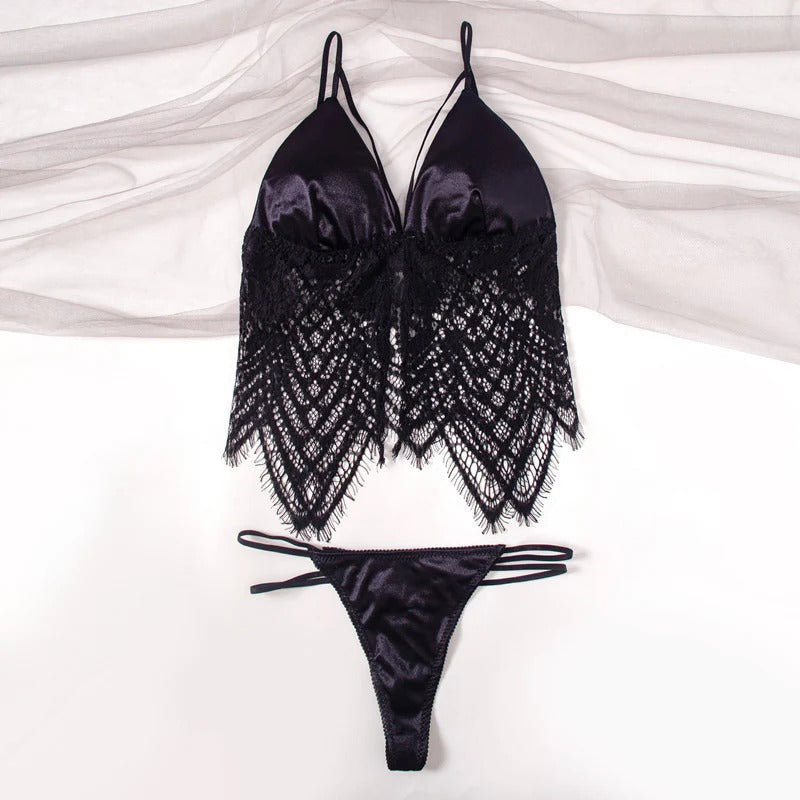 Shezaib Elegant Satin & Lace Lingerie Set – Soft Bralette with Matching Thong