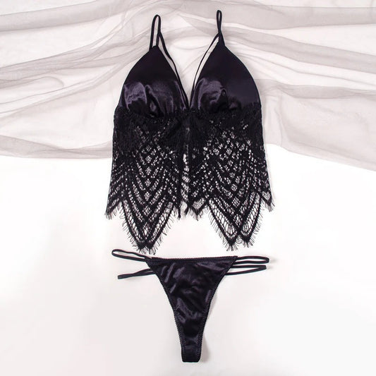 Shezaib Elegant Satin & Lace Lingerie Set – Soft Bralette with Matching Thong
