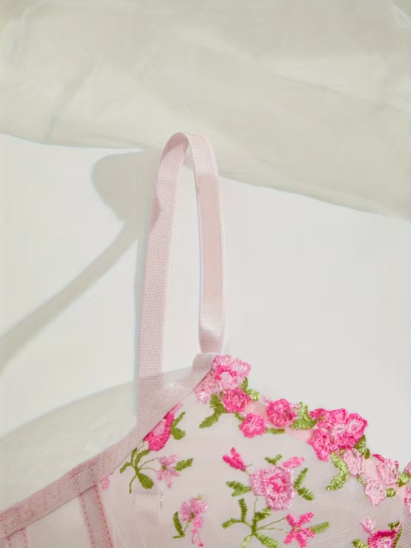 Non-Padded Floral Wired Bra & Panty Set – Blossom Charm Pink Embroidered Sheer Lingerie 9987