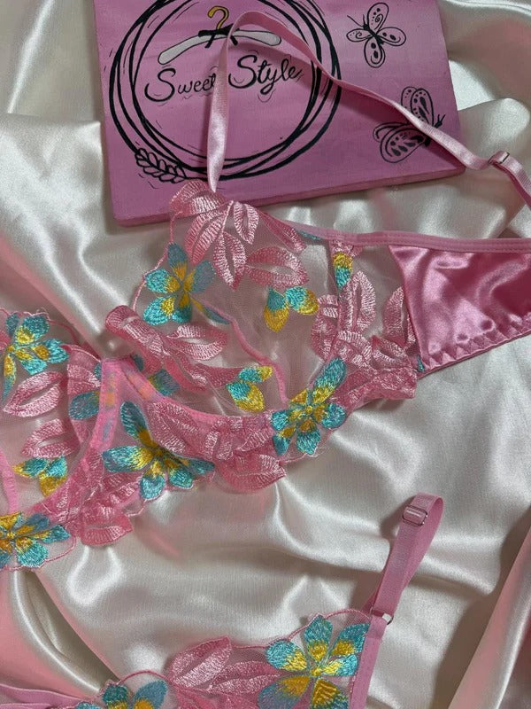 Shezaib Sexy Pink Floral Embroidered Lingerie Set – Sheer Mesh Non-Padded Wired Bra & Panty