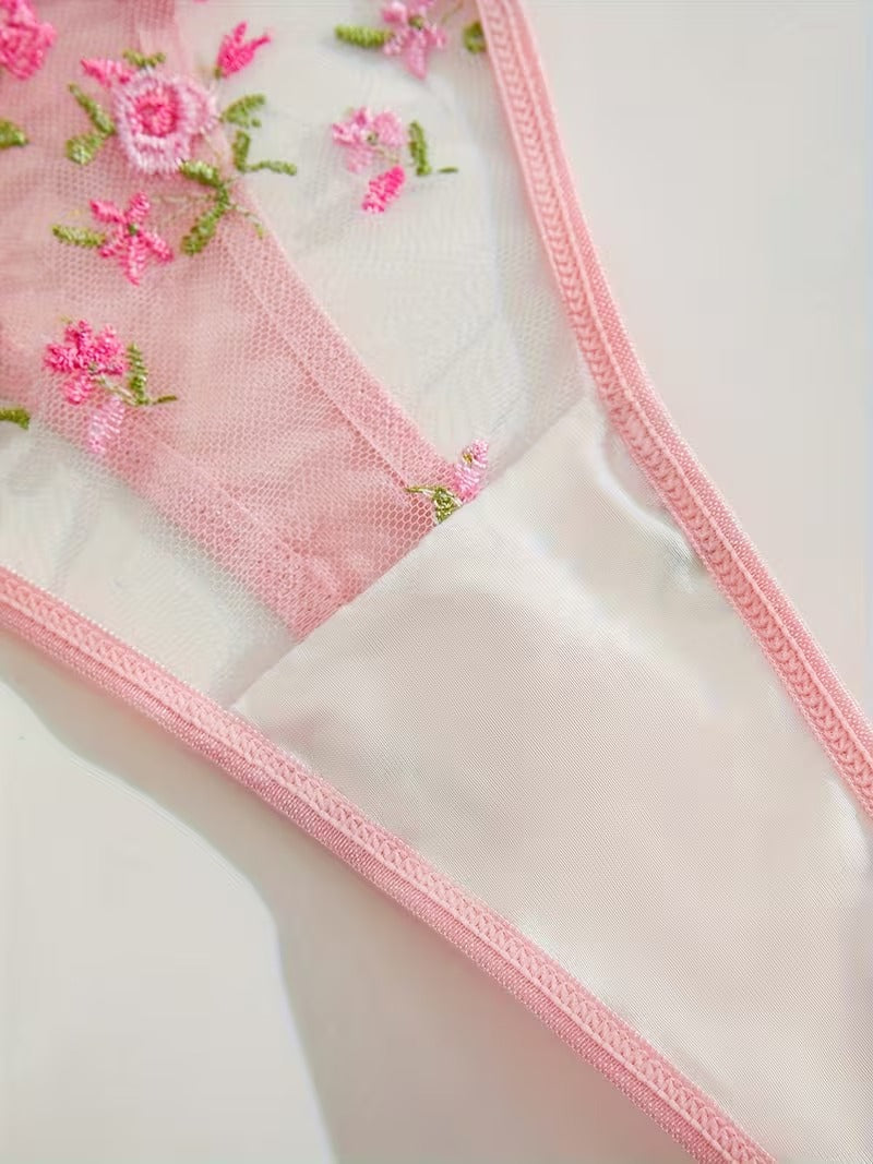 Non-Padded Floral Wired Bra & Panty Set – Blossom Charm Pink Embroidered Sheer Lingerie 9987