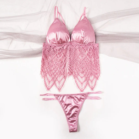 Shezaib Elegant Satin & Lace Lingerie Set – Soft Bralette with Matching Thong
