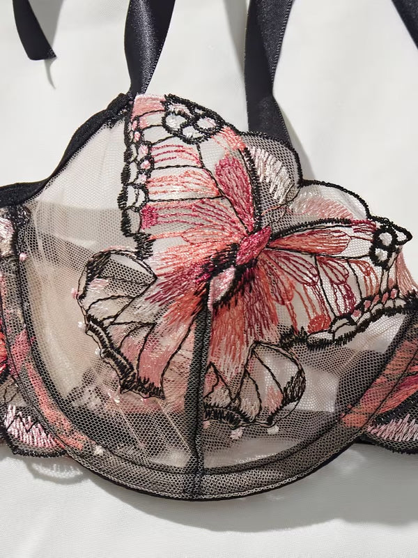 Shezaib  New Lace-Trimmed, Embroidered Butterfly Pattern, Single-Layer Ultra-Thin Bra And Underwear Set