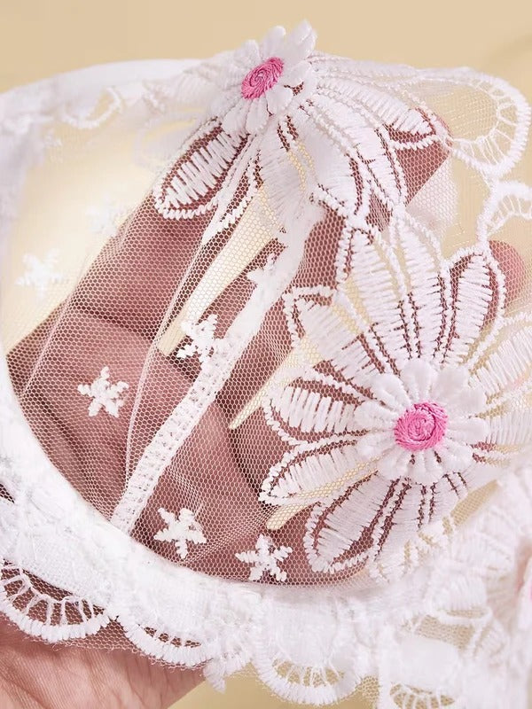 Shezaib Sexy Elegant White Lace Lingerie Set – Soft Mesh Floral Embroidered Bra & Panty