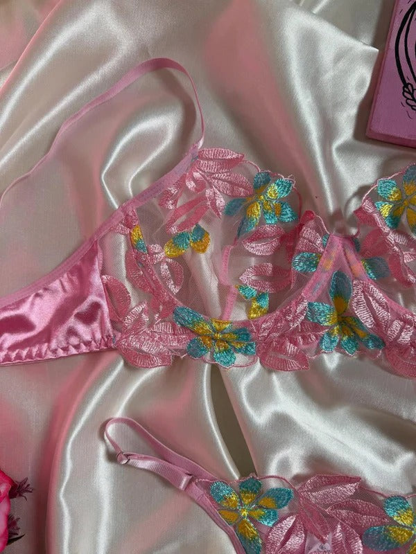 Shezaib Sexy Pink Floral Embroidered Lingerie Set – Sheer Mesh Non-Padded Wired Bra & Panty