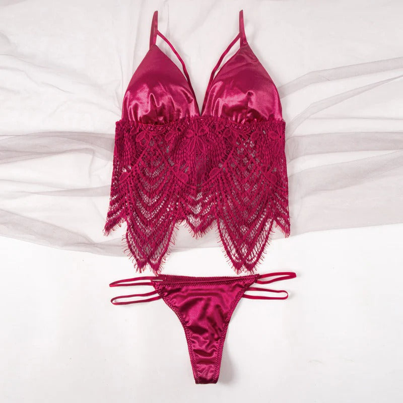 Shezaib Elegant Satin & Lace Lingerie Set – Soft Bralette with Matching Thong