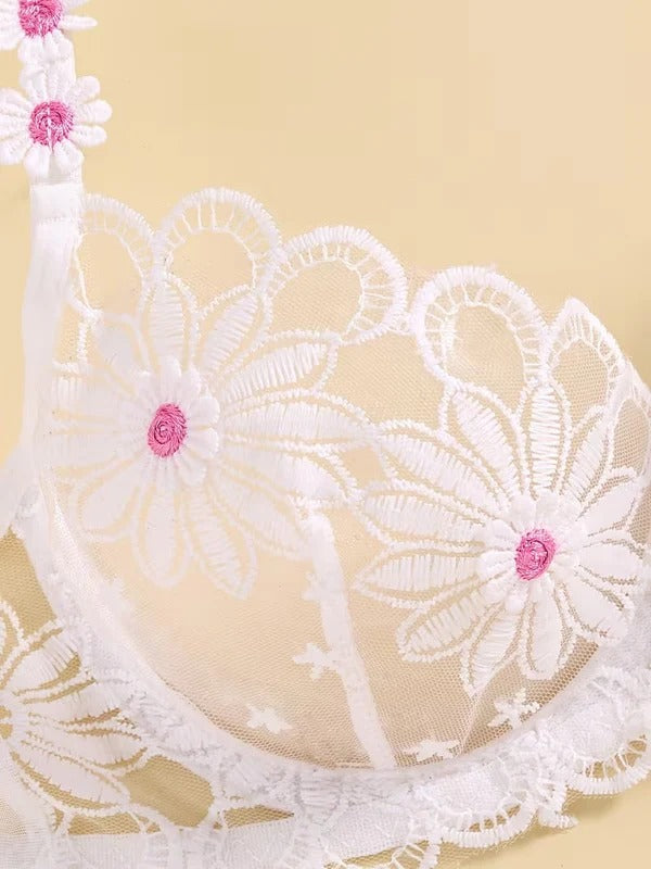 Shezaib Sexy Elegant White Lace Lingerie Set – Soft Mesh Floral Embroidered Bra & Panty