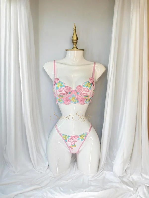 Shezaib Sexy Pink Floral Embroidered Lingerie Set – Sheer Mesh Non-Padded Wired Bra & Panty