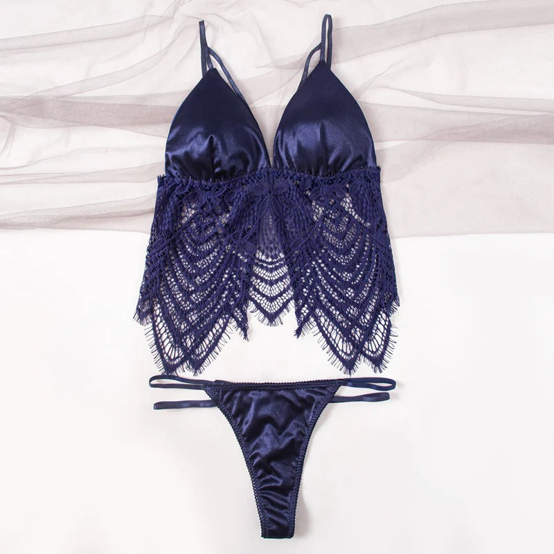 Shezaib Elegant Satin & Lace Lingerie Set – Soft Bralette with Matching Thong