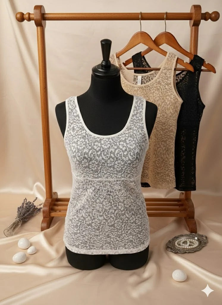 Pack of 3 Lace Camisole Tank Tops for Women – Premium Soft Stretch Innerwear, Elegant Floral Lace Design, Comfortable  Skin, Black & White