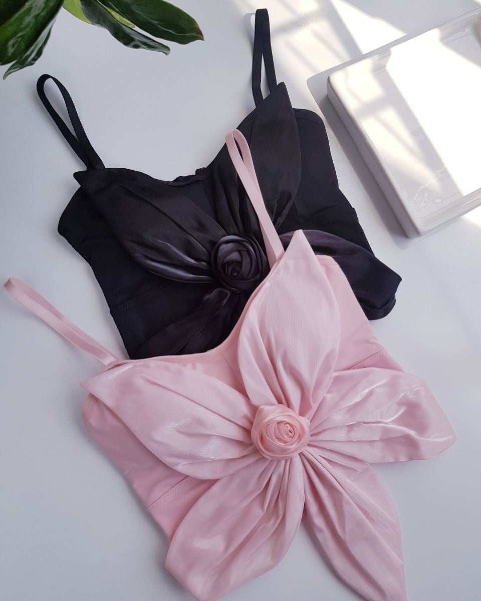 Shezaib Satin Big Bow Flower Bra Top – Soft Padded, Adjustable, Elegant Party Wear Top for Girls & Women