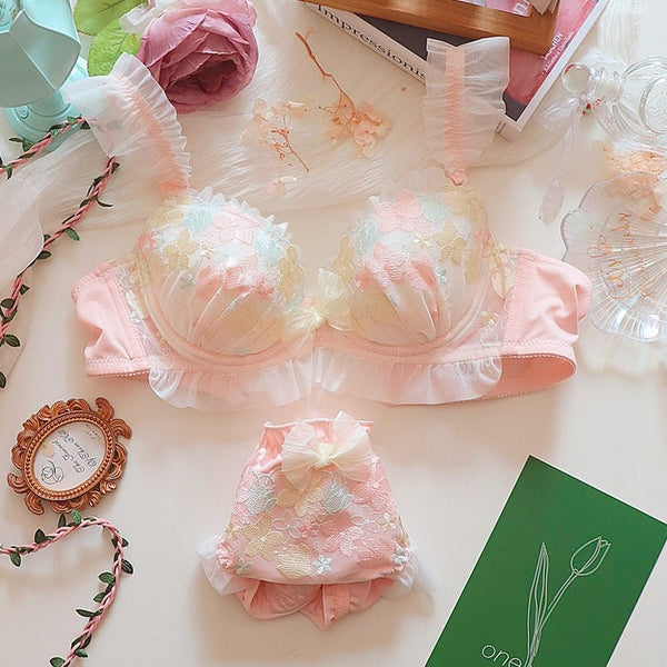 Flourish Pastel Pink Floral Embroidered Bra & Panty Set | Delicate Ruffle & Bow Design