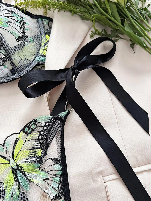 Shezaib  New Lace-Trimmed, Embroidered Butterfly Pattern, Single-Layer Ultra-Thin Bra And Underwear Set