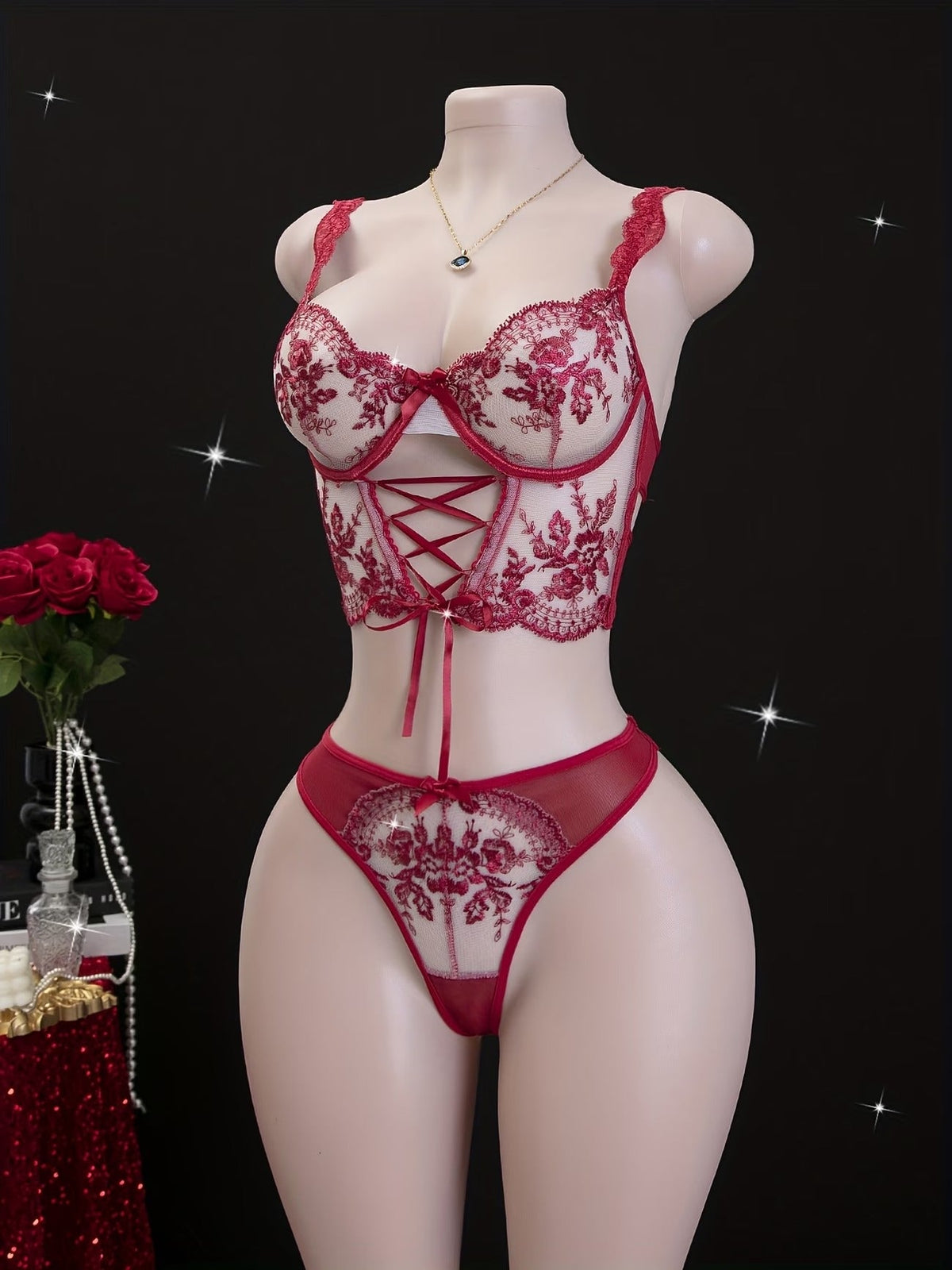 Lingerie Set - Sexy  Flirty Hot  Floral Embroidered Design Perfect for Adults -B024