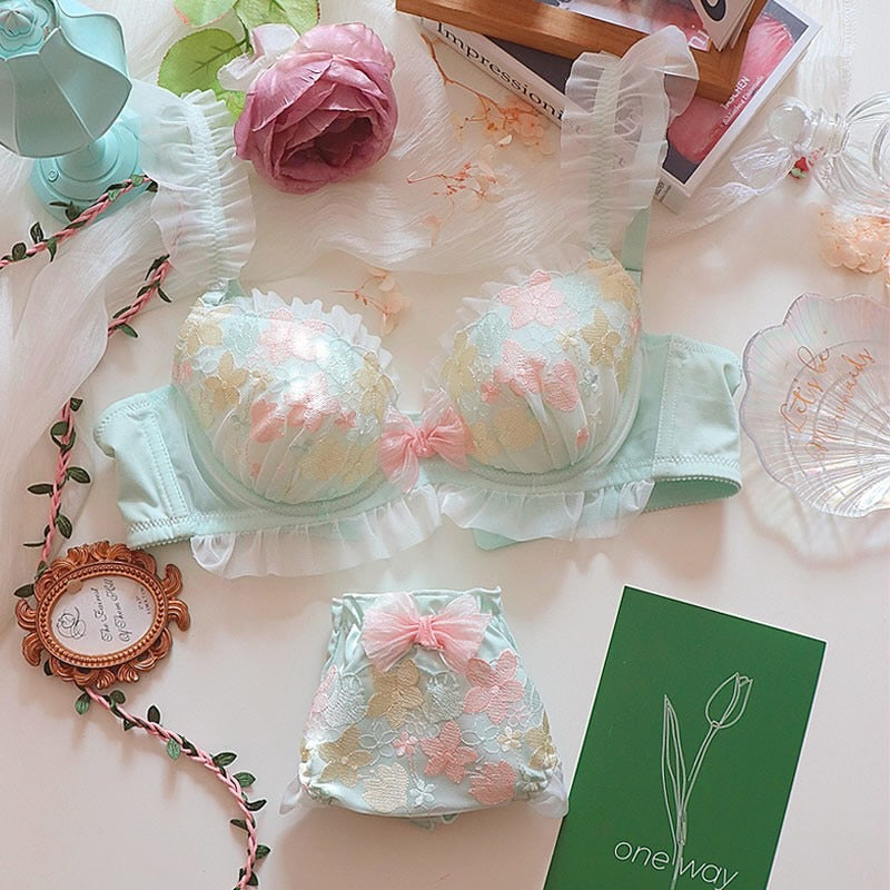 Flourish Pastel Pink Floral Embroidered Bra & Panty Set | Delicate Ruffle & Bow Design 022