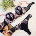 Shezaib Midnight Blossom Lace Lingerie Set – Elegant Black & Blush Embroidered Soft Pad Wired Bra & Panty Set 18406-01