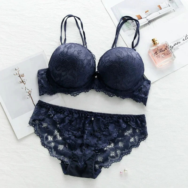 Flourish Elegant Lace Bra & Panty Set – Push Up & Double Padded Comfort with Floral Detailing (8855)