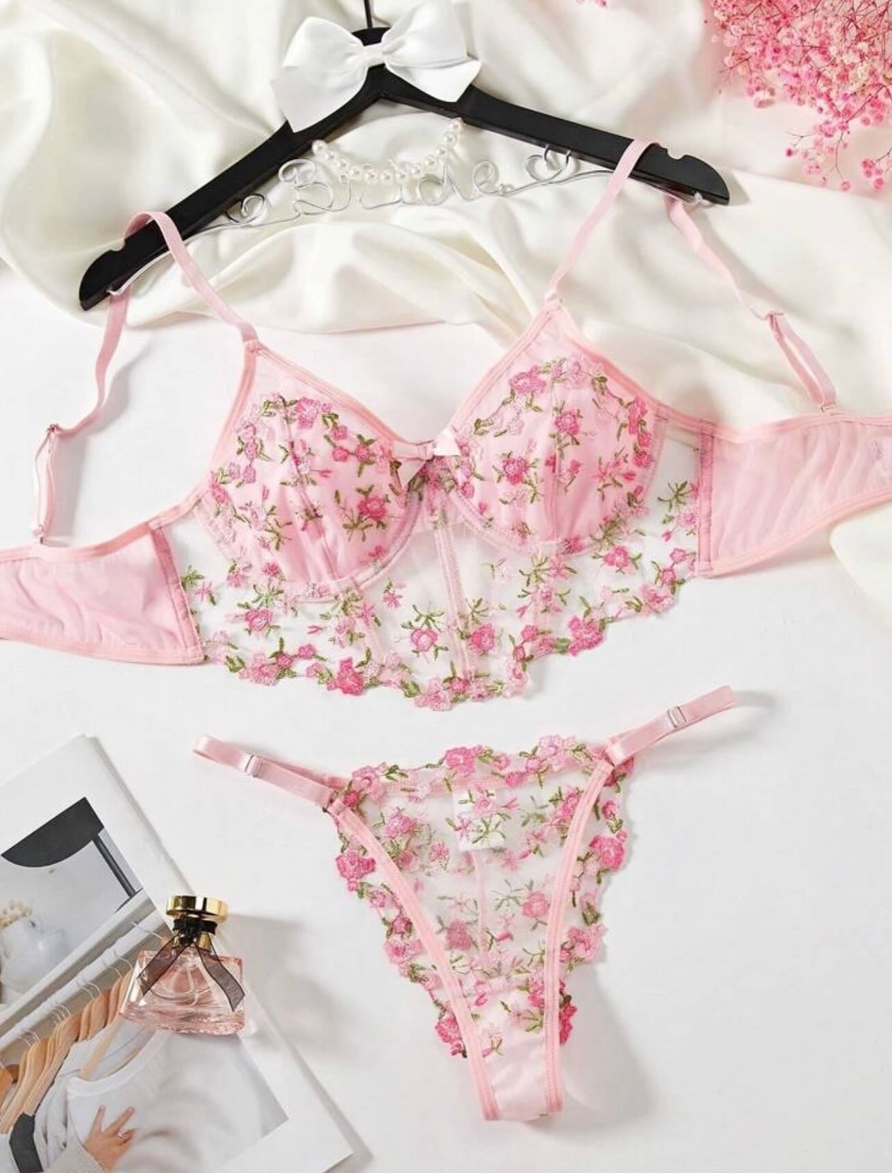 Shezaib Beautiful Floral Embroidery Deep Red Lingerie Set, Vertical Bust Bra And Mesh G-String, Sexy Back Bra And Panty Set B023