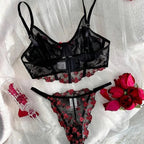 Shezaib Beautiful Floral Embroidery Deep Red Lingerie Set, Vertical Bust Bra And Mesh G-String, Sexy Back Bra And Panty Set B023