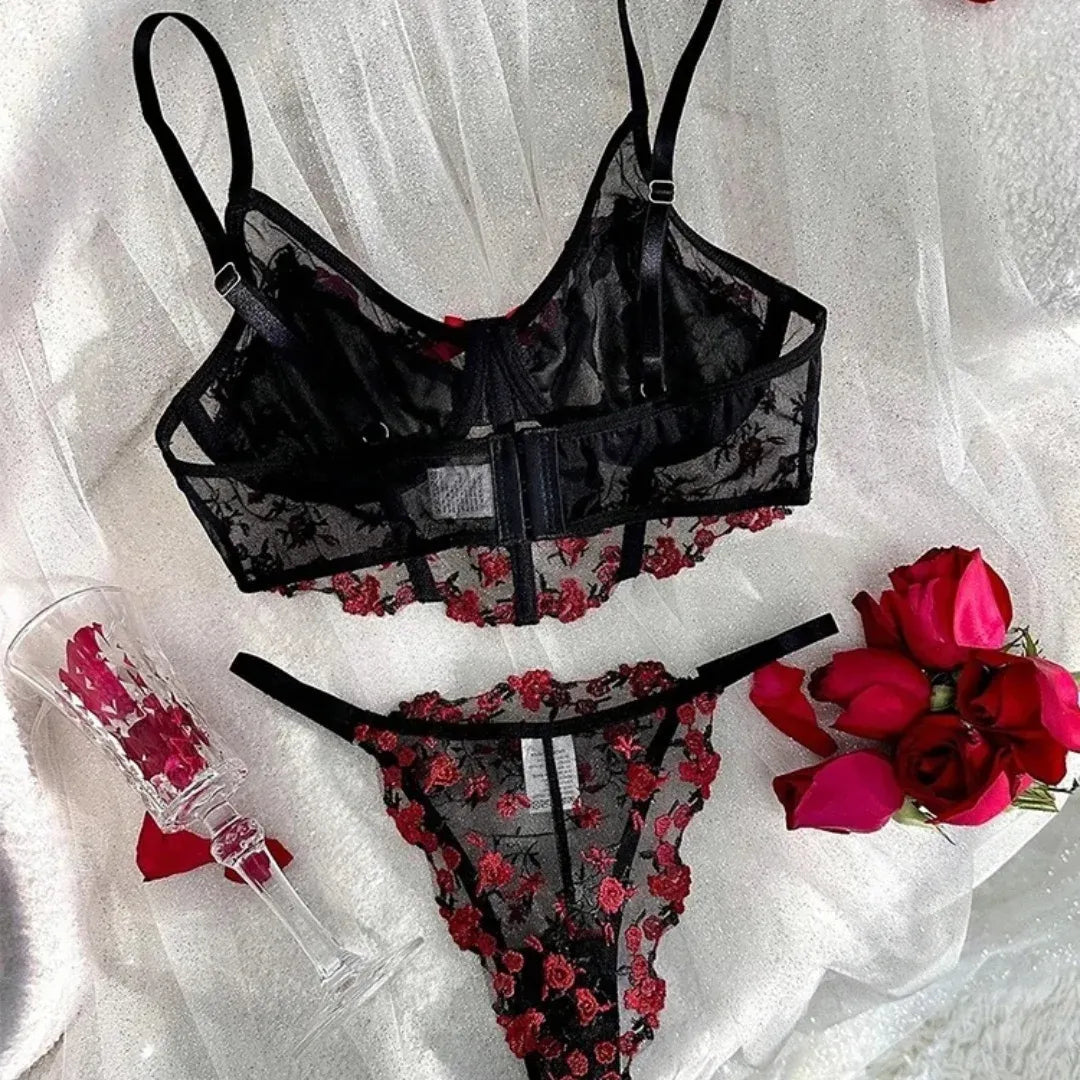 Shezaib Beautiful Floral Embroidery Deep Red Lingerie Set, Vertical Bust Bra And Mesh G-String, Sexy Back Bra And Panty Set B023