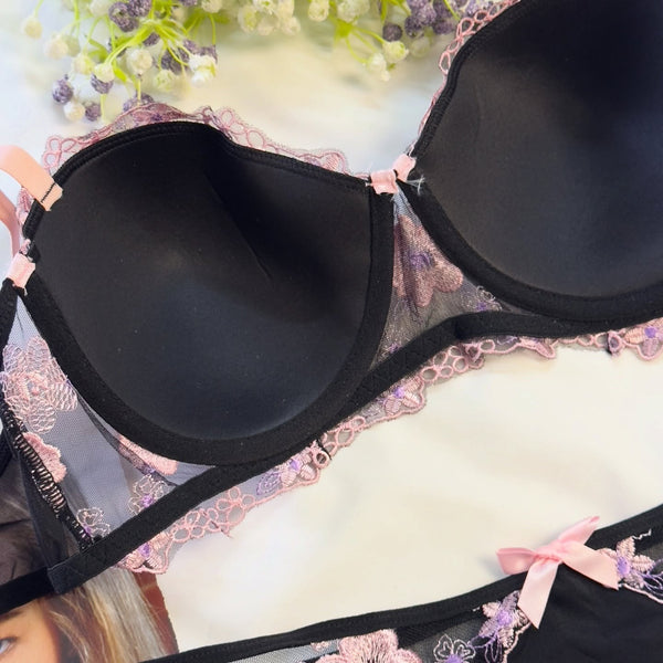 Shezaib Midnight Blossom Lace Lingerie Set – Elegant Black & Blush Embroidered Soft Pad Wired Bra & Panty Set 18406-01