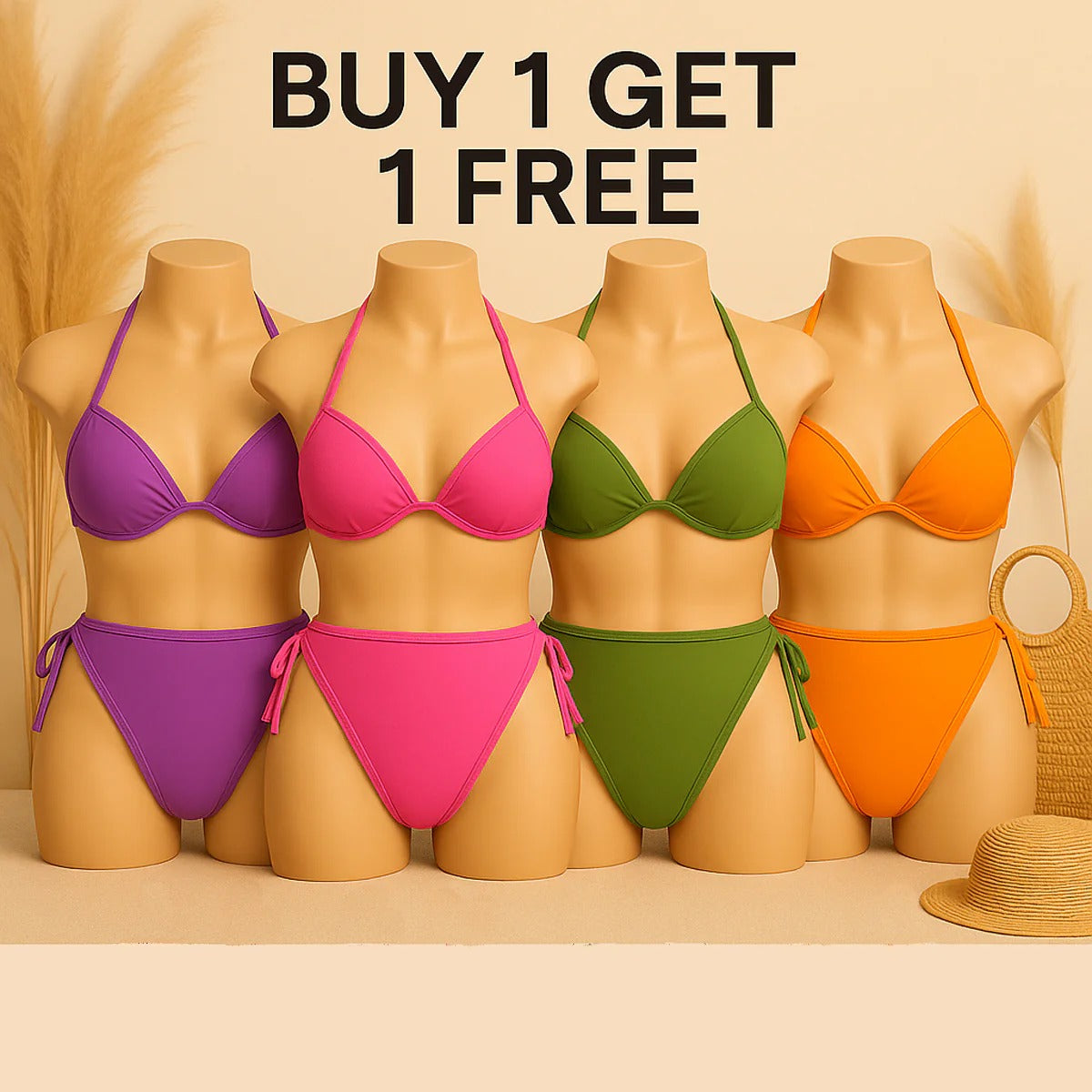 Shezaib Buy 1 Get 1 Free Padded Sexy Plunge Tie Triangle Halter Bikini Set