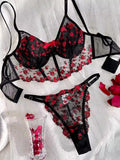 Shezaib Beautiful Floral Embroidery Deep Red Lingerie Set, Vertical Bust Bra And Mesh G-String, Sexy Back Bra And Panty Set B023