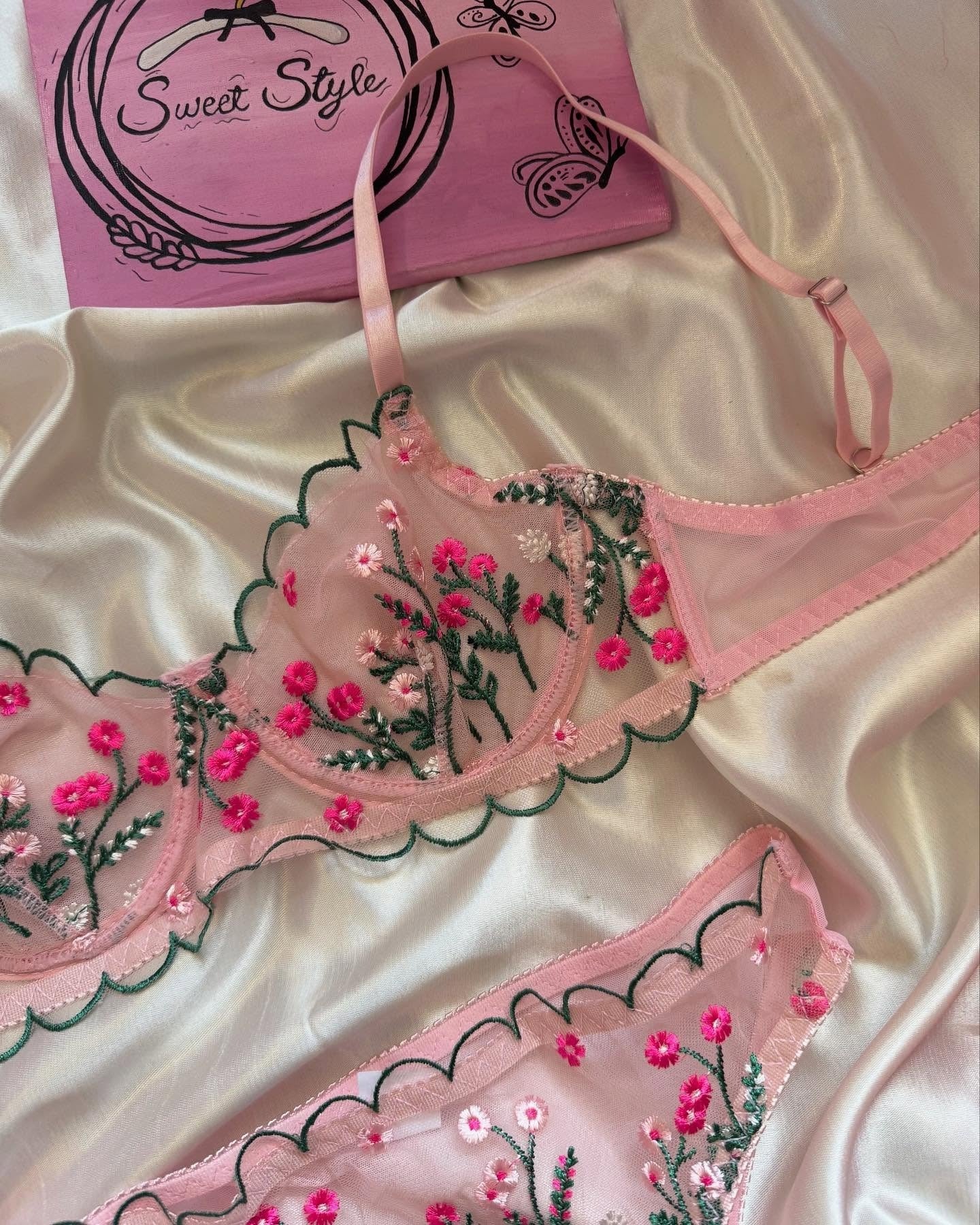 Shezaib Non-Padded wired Bra Panty Set – Blossom Charm Pink Embroidered Sheer Lingerie B172