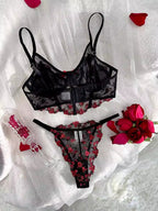 Shezaib Beautiful Floral Embroidery Deep Red Lingerie Set, Vertical Bust Bra And Mesh G-String, Sexy Back Bra And Panty Set B023