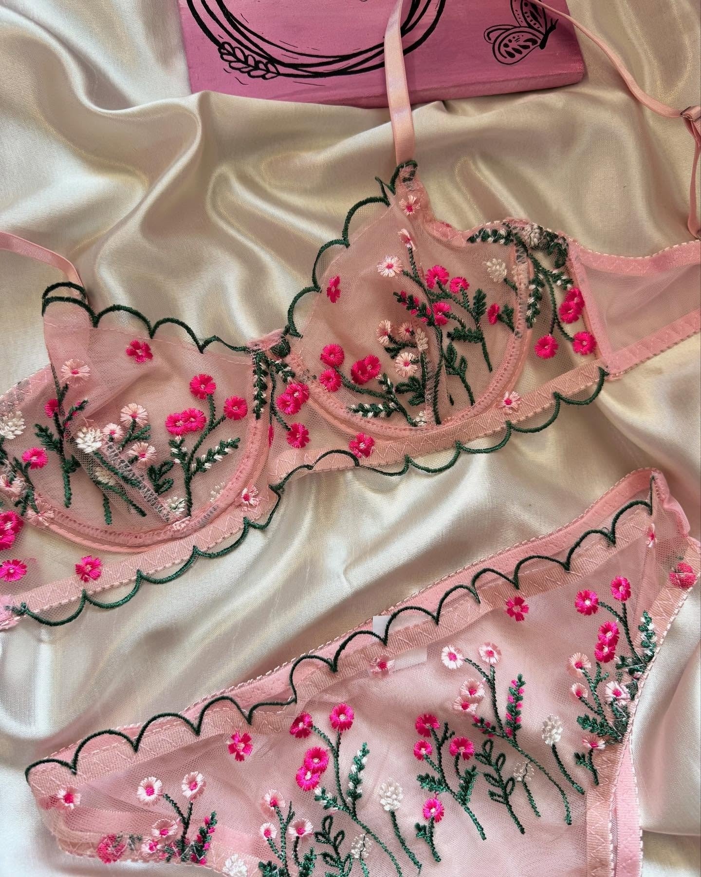 Shezaib Non-Padded wired Bra Panty Set – Blossom Charm Pink Embroidered Sheer Lingerie B172