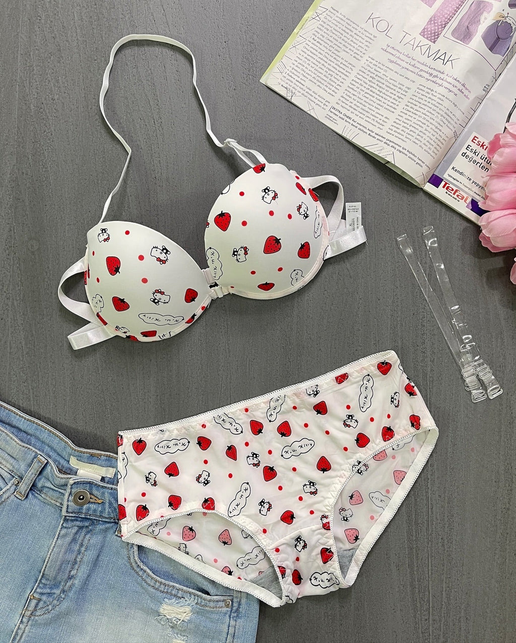 Shezaib High Quality Front Open 4 In 1  Push-up Hello Kitty Print Adjustable Straps Bra Panty Set 016