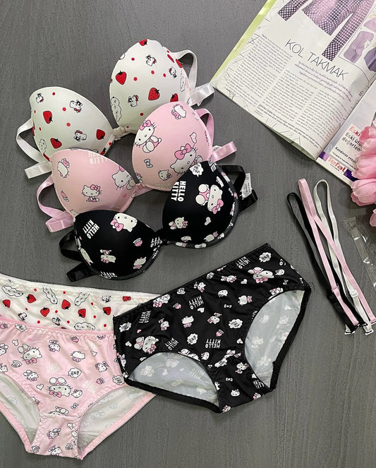 Shezaib High Quality Front Open 4 In 1 Push-up Hello Kitty Print Adjustable Straps Bra Panty Set 016
