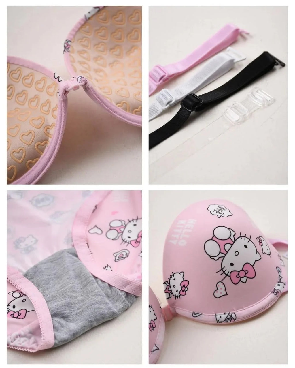 Shezaib High Quality Front Open 4 In 1  Push-up Hello Kitty Print Adjustable Straps Bra Panty Set 016