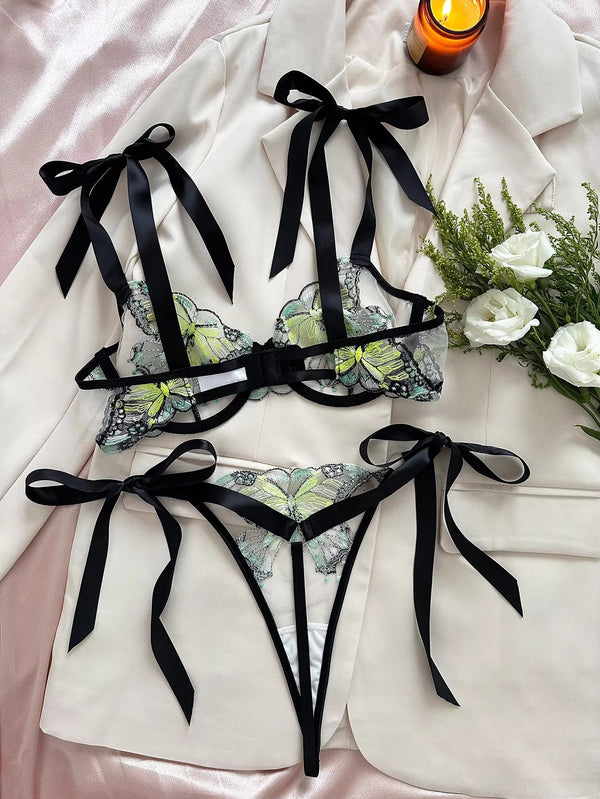 Shezaib  New Lace-Trimmed, Embroidered Butterfly Pattern, Single-Layer Ultra-Thin Bra And Underwear Set