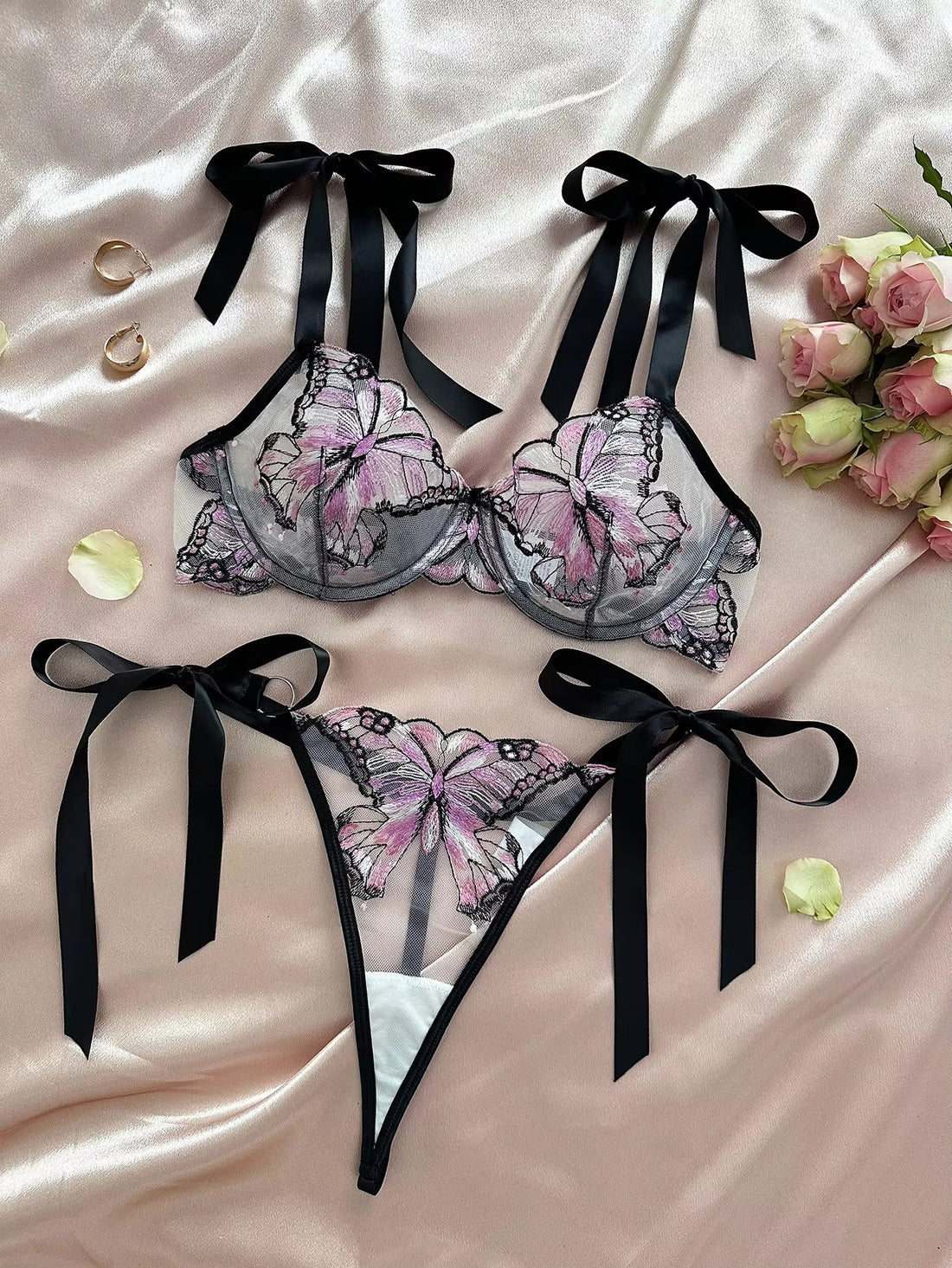 Shezaib  New Lace-Trimmed, Embroidered Butterfly Pattern, Single-Layer Ultra-Thin Bra And Underwear Set