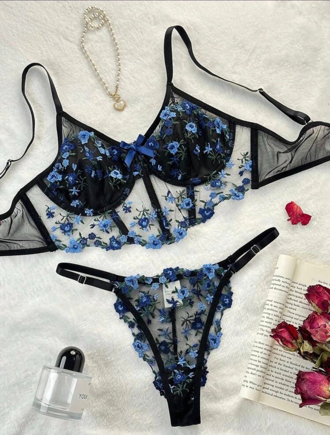 Shezaib Beautiful Floral Embroidery Deep Red Lingerie Set, Vertical Bust Bra And Mesh G-String, Sexy Back Bra And Panty Set B023
