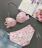 Shezaib High Quality Front Open 4 In 1  Push-up Hello Kitty Print Adjustable Straps Bra Panty Set 016