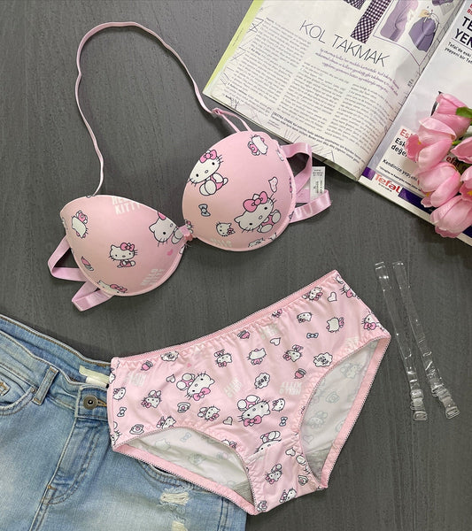 Shezaib High Quality Front Open 4 In 1 Push-up Hello Kitty Print Adjustable Straps Bra Panty Set 016