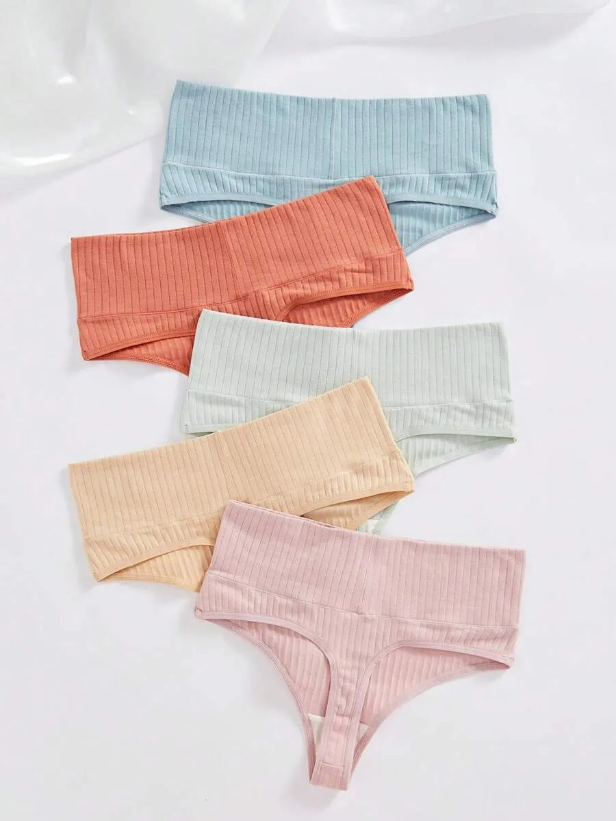 Shezaib Pack of 5 Ribbed Cotton High Waist Thong Panty – Stretchy & Seamless Comfort 395