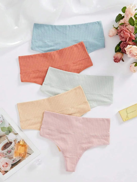 Shezaib Pack of 5 Ribbed Cotton High Waist Thong Panty – Stretchy & Seamless Comfort 395