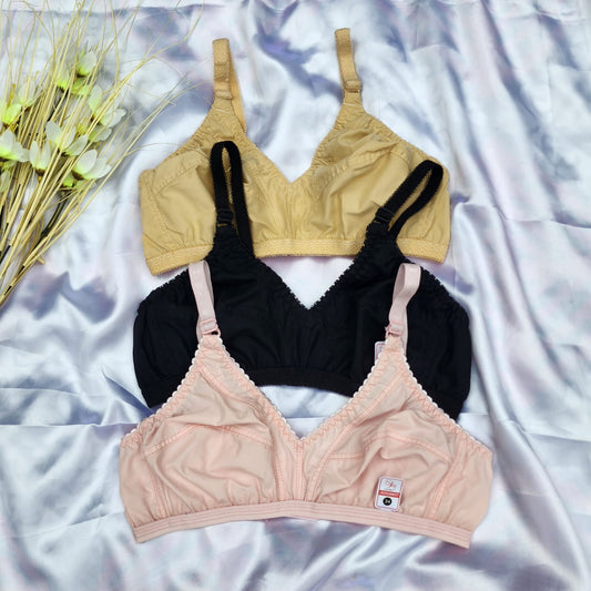 Shezaib pack of 3 cotton non-padded bras in black, pink and skin colors, image 2