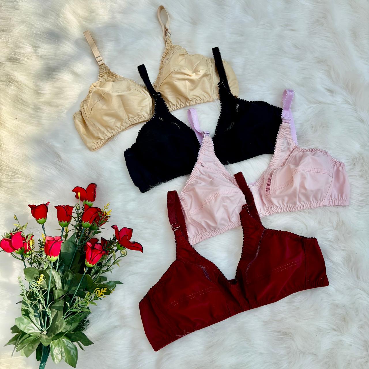 Shezaib pack of 4 cotton bliss non-padded bras in black, maroon, skin and pink colors