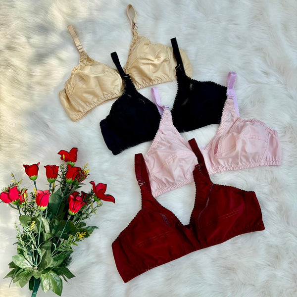 Shezaib pack of 4 cotton bliss non-padded bras in black, maroon, skin and pink colors