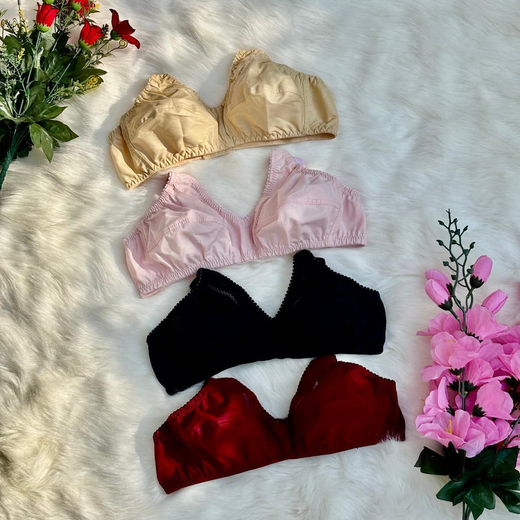Shezaib pack of 4 cotton bliss non-padded bras in black, maroon, skin and pink colors, image 2