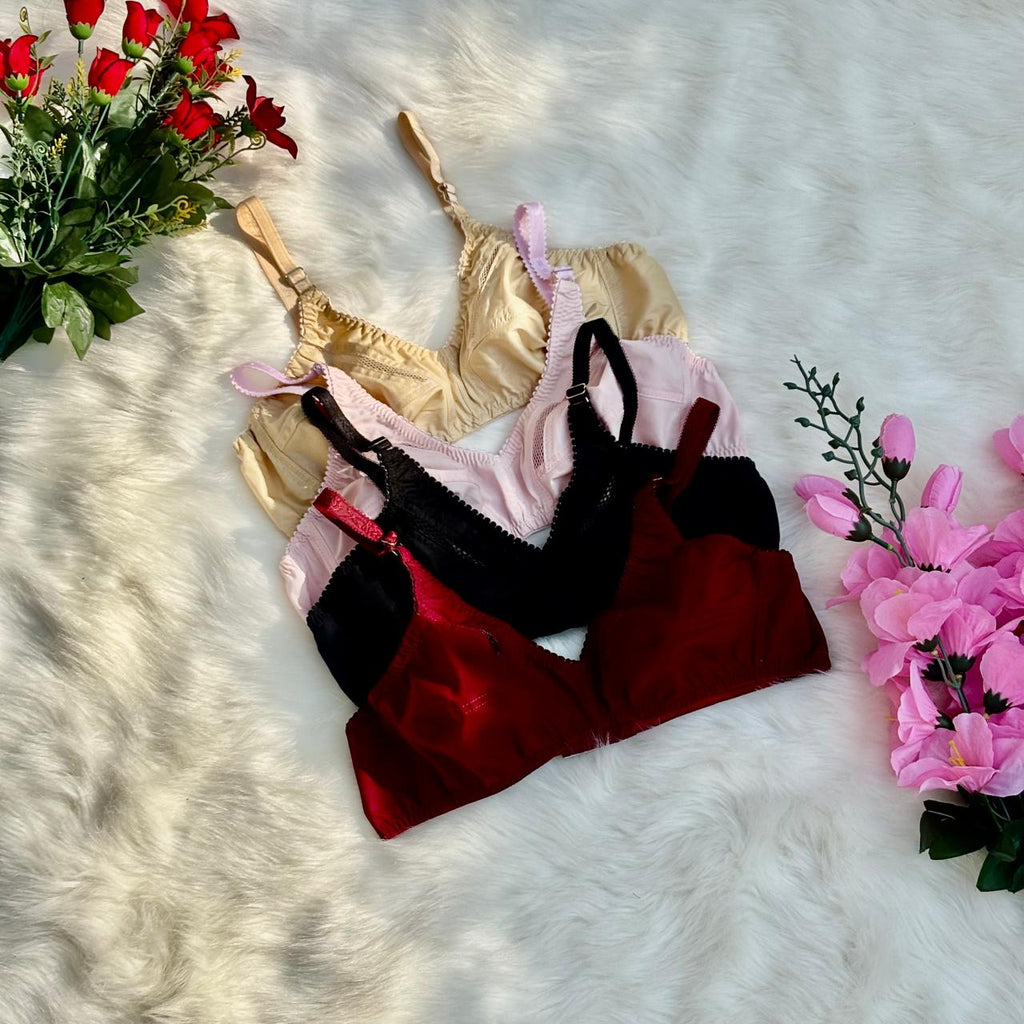 Shezaib pack of 4 cotton bliss non-padded bras in black, maroon, skin and pink colors, image 3