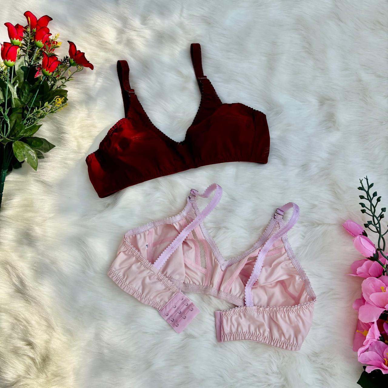 Shezaib pack of 4 cotton bliss non-padded bras in black, maroon, skin and pink colors, front and back view